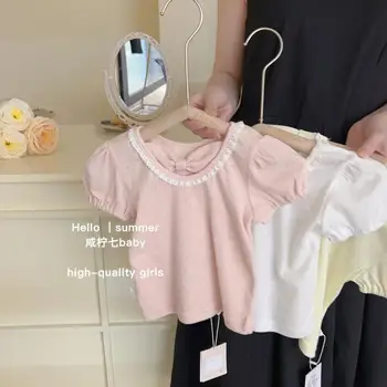 2023 Летняя милая детская футболка в стиле принцессы из мягкого хлопка, модный новый дизайн, тонкое кружево с коротким рукавом для девочек