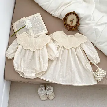2024 Весенне-осенняя одежда для сестры, Модное боди с цветочной вышивкой для новорожденных, Хлопковое повседневное платье принцессы с отворотом для девочек