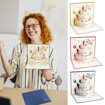 3D Торт ко Дню Рождения Всплывающие Поздравительные Открытки Открытки Подарки с Конвертом Happy Birthday Party Baby Shower Украшения Открыток Поставки
