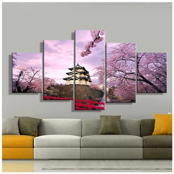 5D Diy Полная круглая Алмазная Картина 5Panel Cherry Blossom Japan Пейзаж Вышивка Крестиком Мозаика гостиная DecorZP-3133