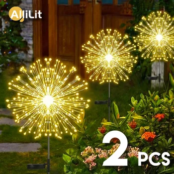 AlliLit, 2 шт., светодиодные солнечные фейерверки, водонепроницаемые уличные гирлянды из одуванчиков, гирлянды для декора сада, газона.