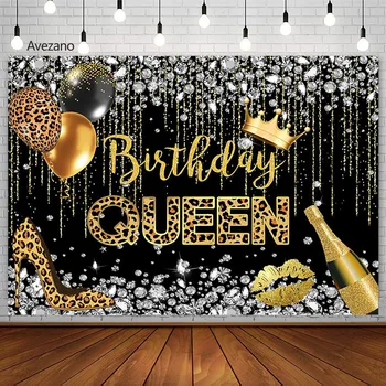 Avezano Черно-золотой фон День рождения королевы На высоких каблуках с шампанским и бриллиантами, Женская вечеринка, Фон для фотосъемки, Студийная Фотозона