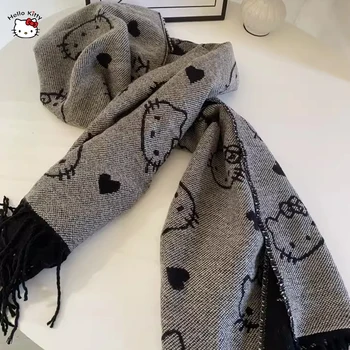 Hello Kitty Осень Зима Аниме Каваи Черный вязаный студенческий шарф с кисточками Удобные Мягкие теплые Универсальные Простые подарки на День рождения