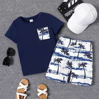 PatPat, комплект из 2 предметов, футболка с короткими рукавами и шортами с тропическим растительным принтом для мальчика