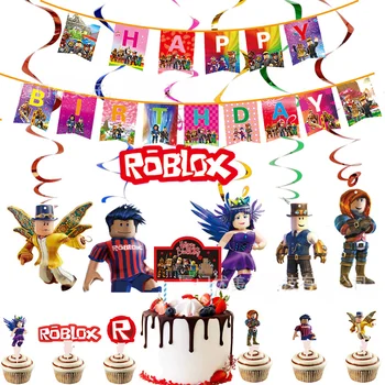 Roblox Game Party Decoration Supplies Карточка-вставка для торта на День Рождения виртуального мира, вытягивающий флаг, спиральный шарм