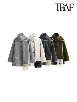 TRAF Женская мода с шарфом, зимнее толстое теплое шерстяное пальто, Винтажные передние карманы с длинными рукавами, женская верхняя одежда, шикарные топы