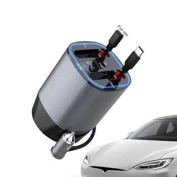 Автомобильное зарядное устройство Быстрая зарядка, светодиодный индикатор напряжения, быстрое автомобильное зарядное устройство 5 в 1 с двумя выдвижными кабелями, автомобильное зарядное устройство для телефона с двумя разъемами