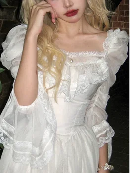 Белое платье феи Лолиты с пышными рукавами, женское винтажное шифоновое элегантное милое платье миди, кружевное Корейское вечернее платье, женское 2023