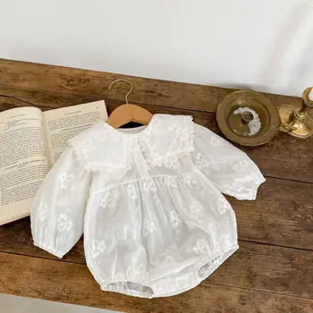 Весеннее тонкое боди для маленьких девочек, белый хлопковый комбинезон с вышивкой и воротником Питера Пэна, одежда для новорожденных