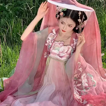 Весенняя традиционная китайская одежда для женщин, полный комплект, блузка с большим рукавом, юбка с вышивкой в виде лотоса длиной 4,5 м, розовые платья Hanfu Fairy