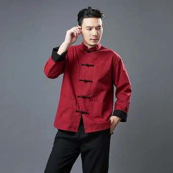 Весна и осень 2022 года, мужская традиционная китайская одежда, костюм Кунг-фу Тай-чи, винтажные повседневные мужские рубашки с длинным рукавом, костюм Тан