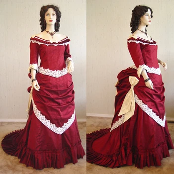 Викторианское платье Суеты 1860-х годов Красное платье королевы вампирской готики с открытыми плечами Бальное платье Маскарадная одежда для реконструкции