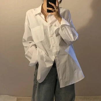 Винтажные Свободные однотонные женские рубашки Harajuku, Корейский повседневный топ с опрятным карманом и длинным рукавом, осенняя универсальная однобортная верхняя одежда