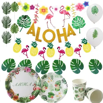 Гавайская посуда Декор для вечеринки Тропическое лето Воздушные шары из пальмовых листьев Искусственные цветы Свадьба день рождения Luau Aloha Принадлежности для вечеринки