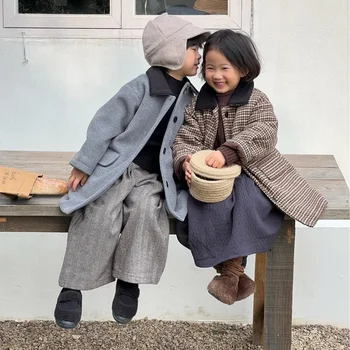 Детская одежда, Детская куртка в корейском стиле 2023, Осень-зима, Новое шерстяное пальто, хлопковая детская теплая модная куртка в клетку с лацканами в стиле ретро