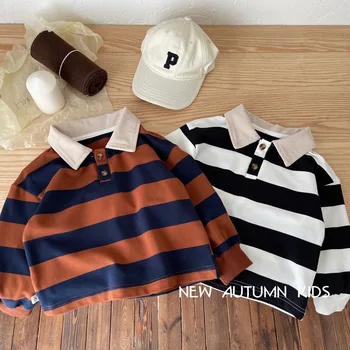 Детская рубашка в полоску, Весна-осень 2023, Простые Корейские стили для мальчиков, Новая модная повседневная простая футболка с длинным рукавом для детей