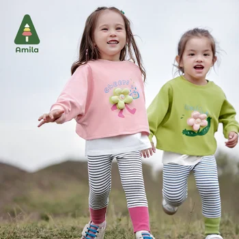 Детский костюм Amila 2024, Весенний Новый Мягкий Дышащий Повседневный костюм в полоску Для девочек Класса А Высокого качества из двух предметов