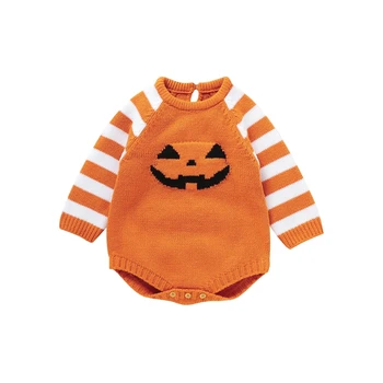 Детский свитер-ползунки в полоску с длинным рукавом и круглым вырезом, Боди с изображением тыквенного личика, детский наряд на Хэллоуин