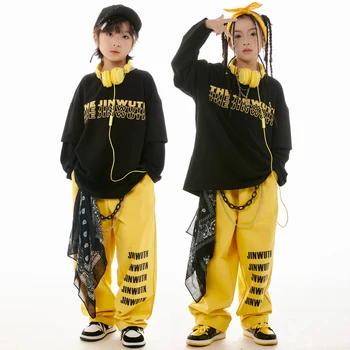 Детский танцевальный костюм в стиле хип-хоп, Черные топы с длинными рукавами, Желтые брюки, одежда для уличных танцев для мальчиков, джазовый костюм для выступлений K-pop для девочек BL11807