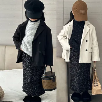 Детский топ 2023, Осенне-зимнее новое шерстяное пальто в корейском стиле, детская одежда, двубортная верхняя одежда