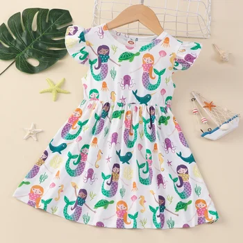 Детское платье с рисунком русалки, дышащее и прохладное платье, стягивающее талию.