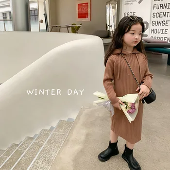 Детское приталенное платье-свитер средней длины с капюшоном, вязаное из флиса в Корейском стиле, однотонное повседневное простое платье для девочек