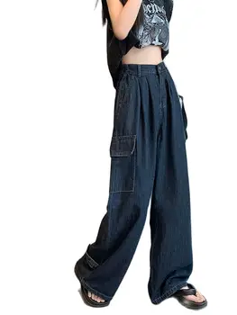 Джинсы для рабочего костюма в стиле ретро синего цвета для женщин, новинка 2023 года, Свободная высокая талия, прямые широкие брюки
