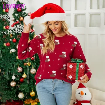 Европейский и американский трикотаж 2023 Осень /Зима Новый пуловер с круглым вырезом и рождественским свитером в виде снежинки для женщин