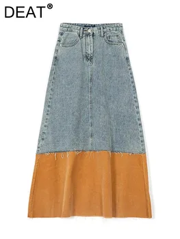 Женская джинсовая юбка DEAT с высокой талией в стиле пэчворк контрастного цвета, Женские повседневные свободные платья трапециевидной формы, Весна 2024, Новая мода 29L3867