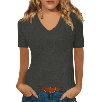 Женская Новая базовая футболка 2024 года, Простые Однотонные Пуловеры с короткими рукавами и V-образным вырезом, Топ, Повседневная Универсальная футболка Ropa De Mujer