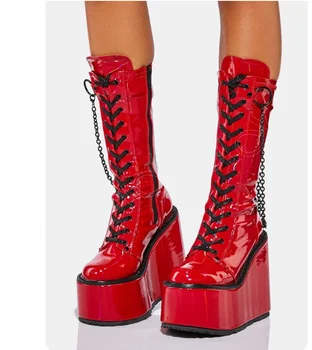Женская Обувь на высоком Каблуке с Боковой молнией и Красной Цепочкой в стиле Панк, Свадебные Туфли с круглым носком, Новинка 2023 года, Zapatos Para Mujere