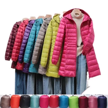 Женская осенне-зимняя пуховая куртка, Пальто, Длинные Легкие Тонкие Пальто с капюшоном, Модные женские Тонкие куртки на утином пуху, Теплая верхняя одежда 2021