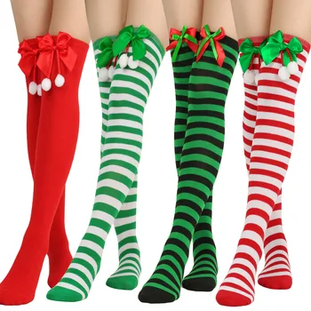 Женские Рождественские носки С бантом, выше колена, Полосатые носки для девочек, носки до бедра, хлопковые длинные чулки