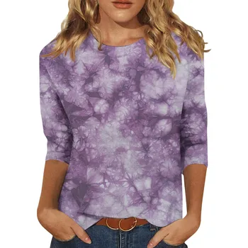Женские рубашки с рукавами три четверти, модные футболки с рисунком, блузки, повседневные пуловеры больших размеров, базовые топы с круглым вырезом.