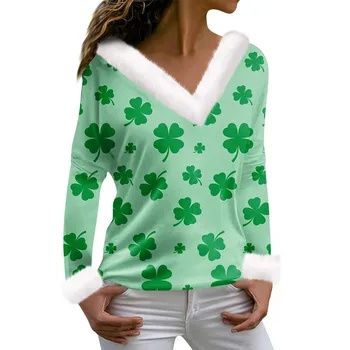 Женский ирландский топ с V-образным вырезом и зеленым принтом в ирландский день Святого Патрика, дешевая женская одежда и предложения бесплатной доставки