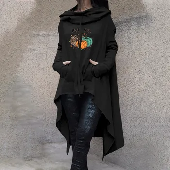 Женский модный осенне-зимний однотонный прямой свитер с капюшоном средней длины с длинными рукавами и принтом на Хэллоуин