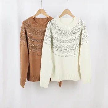 Женский свитер из 100% шерсти, украшенный бриллиантами, Осенний Новый пуловер из свободного трикотажа с круглым вырезом