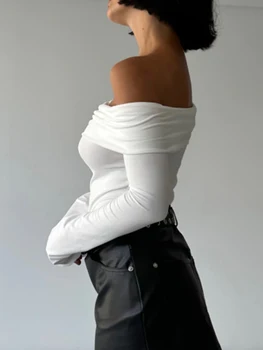 Женский укороченный топ с длинным рукавом и открытыми плечами, обтягивающая рубашка Y2k, сексуальная однотонная блузка, футболки, уличная одежда