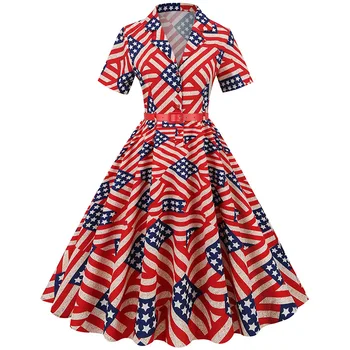 Женское винтажное платье для подиума с принтом американского флага, 2023, Новые летние повседневные платья в стиле ретро во французском стиле с высокой талией