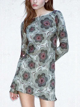 Женское мини-платье в стиле Гранж с винтажным цветочным принтом, коротким платьем с длинным рукавом и вырезом лодочкой, пляжным платьем в стиле ретро