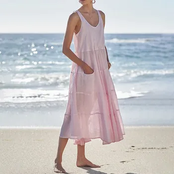 Женское платье на бретельках, летнее пляжное модное повседневное платье без рукавов с V-образным вырезом, однотонный плиссированный свободный повседневный сарафан