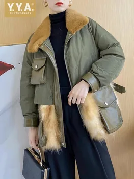 Зимнее новое модное женское пуховое пальто с воротником из норковой шерсти, Модная повседневная верхняя одежда из овчины с лисьим мехом, теплая куртка-карго на молнии