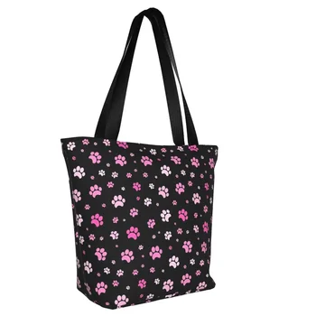 Изготовленные на заказ красные и розовые холщовые сумки для покупок с рисунком Собачьей лапы, женские портативные сумки для покупок в продуктовых магазинах