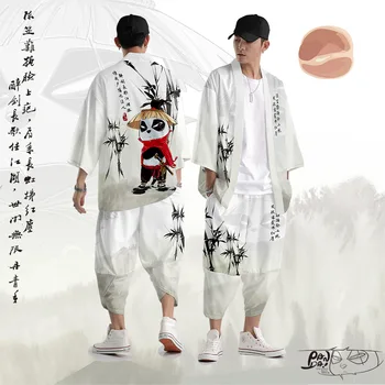Кимоно и брюки Комплект одежды из 2 предметов, мужская Японская мода, летнее кимоно в стиле харадзюку с мультяшным принтом, кардиган Хаори, шаровары Юката