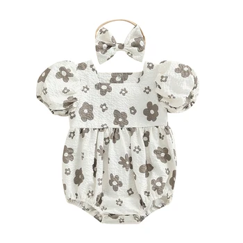 Комбинезон Для новорожденных девочек с цветочным принтом, с короткими пышными рукавами, комбинезоны для новорожденных, летняя одежда, боди с повязкой на голову