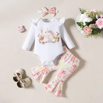 Комплекты одежды для новорожденных девочек, комбинезон + штаны с цветочным рисунком кролика + повязка на голову, весенне-пасхальные комплекты для новорожденных девочек
