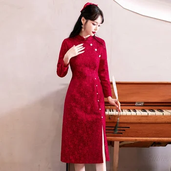 Красный Чонсам С Длинным рукавом Женская Одежда 2023 Винтажное Китайское Традиционное Свадебное Платье Ципао Современное Улучшенное
