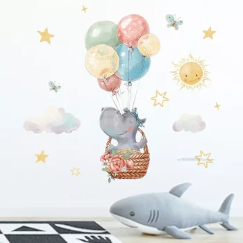 Красочный Воздушный шар Корзина с цветами Наклейки на стену в виде Бегемота Съемный ПВХ для детей Детская Спальня Домашние Декоративные Наклейки Мультфильм