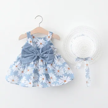 Летние пляжные платья для маленьких девочек 2024 года, Повседневный модный принт, Платье принцессы с Милым бантом и цветком + Шляпа, Одежда для новорожденных, Комплект детской одежды