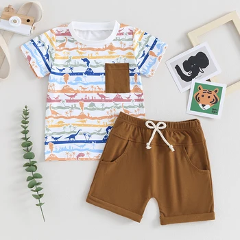 Летняя одежда для маленьких мальчиков, футболка с коротким рукавом, топ с принтом динозавра, Однотонные шорты, Комплект летней одежды из 2 предметов